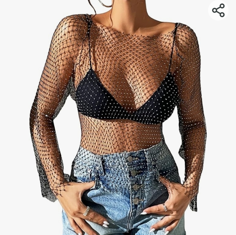 Black FishNet Rhinestone Top. Size M.